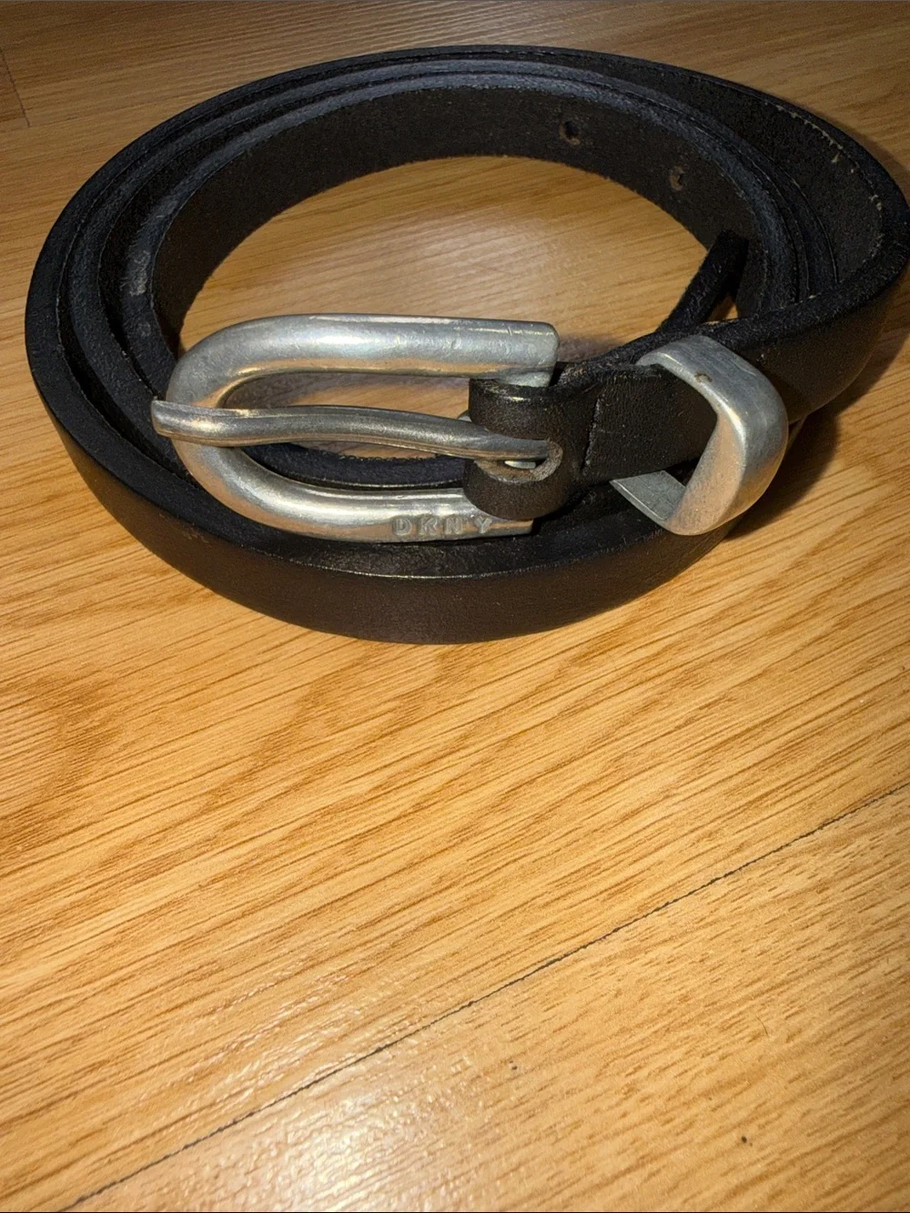 Vintage DKNY Classic Black Leather Slim Belt Silver Buckle Made in USA Small